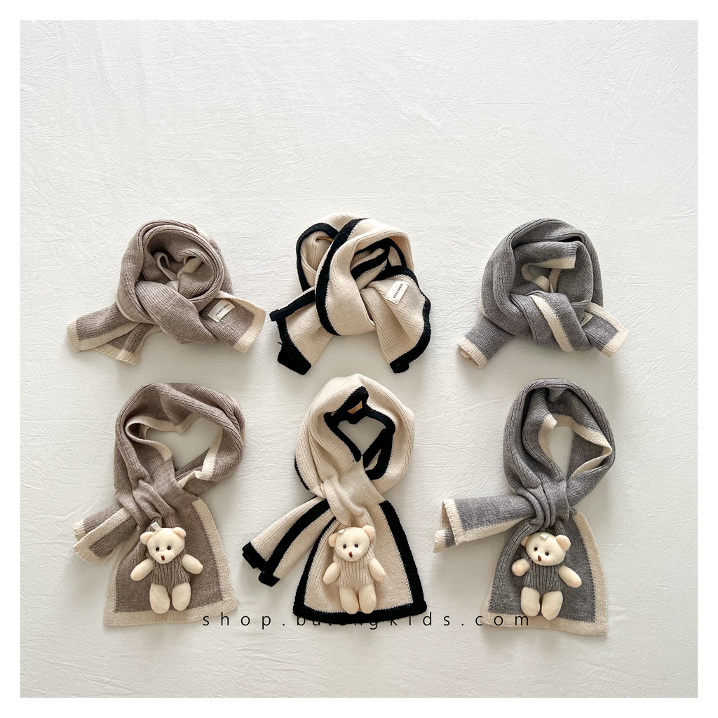 ins可爱小熊儿童拼色针织围巾 韩秋冬奶油色女童宝宝保暖套口围脖