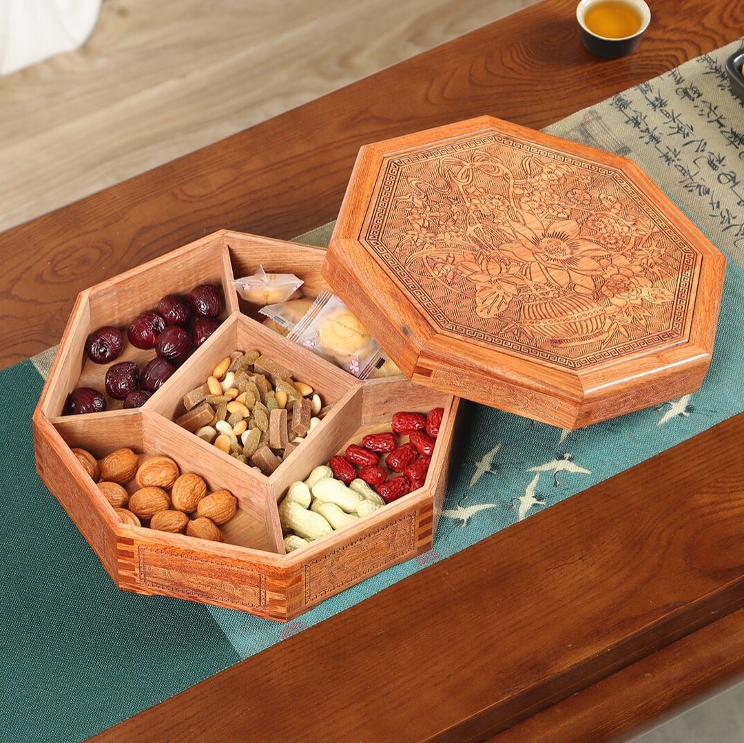 直播货源 缅甸花梨八角花篮果盘干果盒一件代发