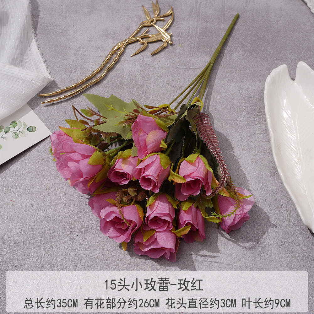 Cross-Border Foreign Trade Autumn Rose Bud Living Room Decoration Indoor Artificial Flower Hotel Decoration Set Artificial Flowers Rose Bud Decoration