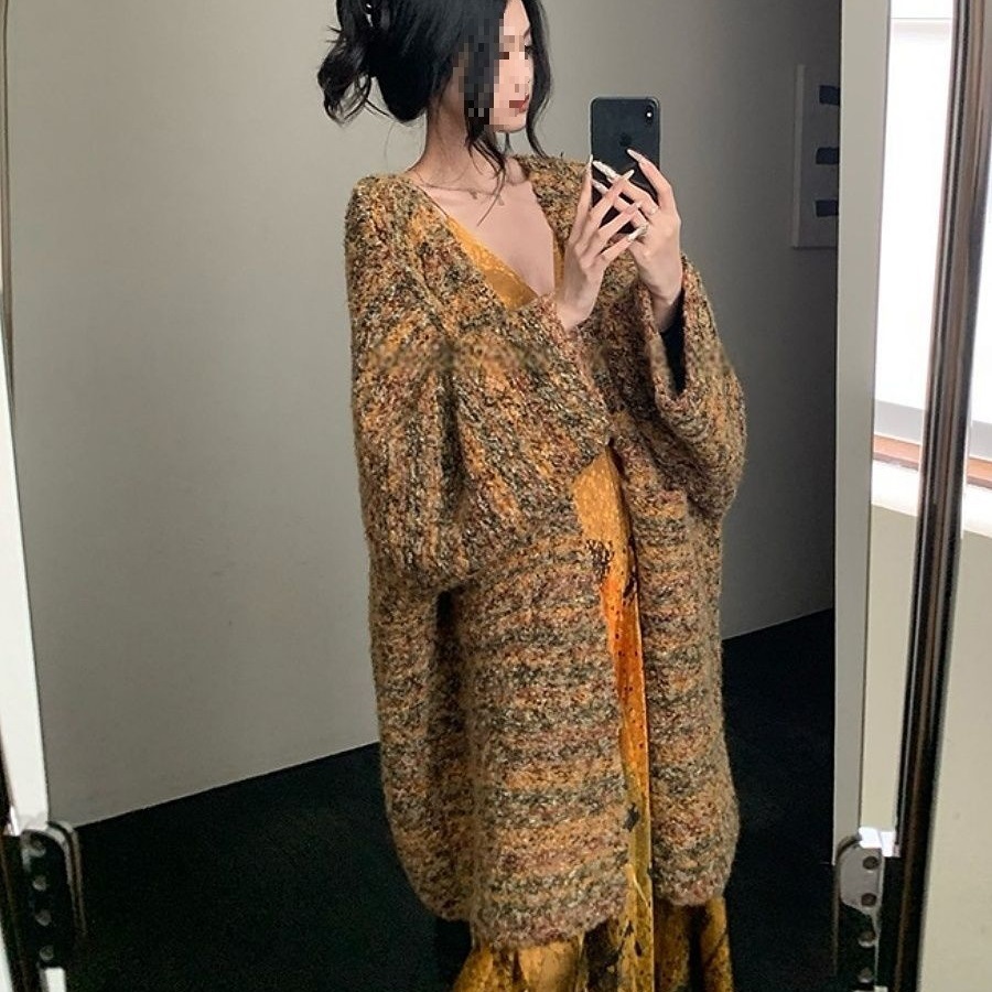 感中长款针织开衫女秋冬新款慵懒气质显瘦宽松毛衣外套厚