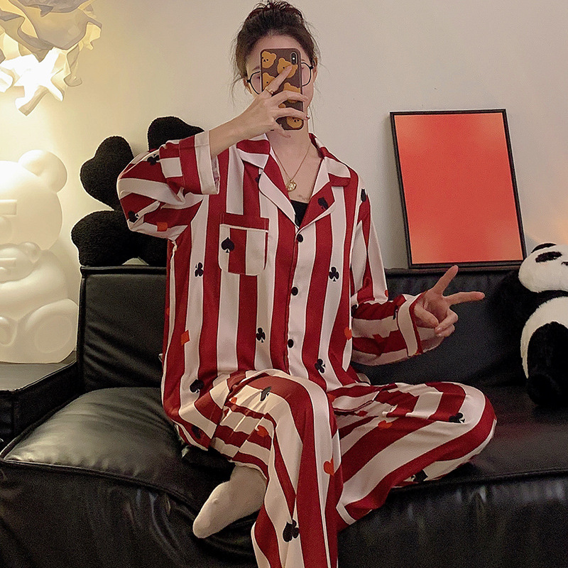 睡衣女春秋款冰丝长袖长裤印花开衫春夏天翻领仿真丝绸家居服套装