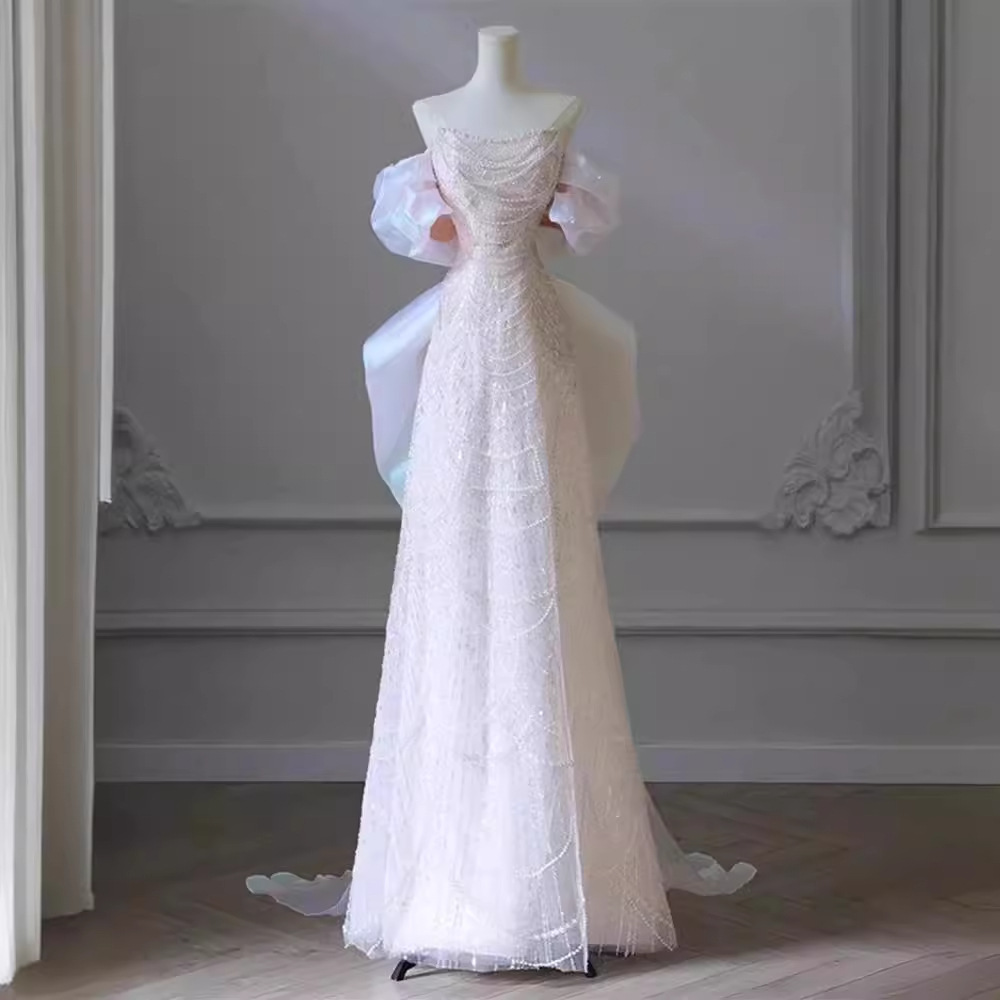 晚礼服女2024新款高级感重工轻奢一字肩轻婚纱迎宾出门订婚礼服裙