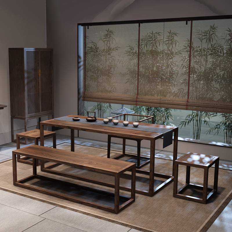 现代简约客厅长凳禅意茶室 新中式功夫茶台泡茶桌 实木茶桌椅组合