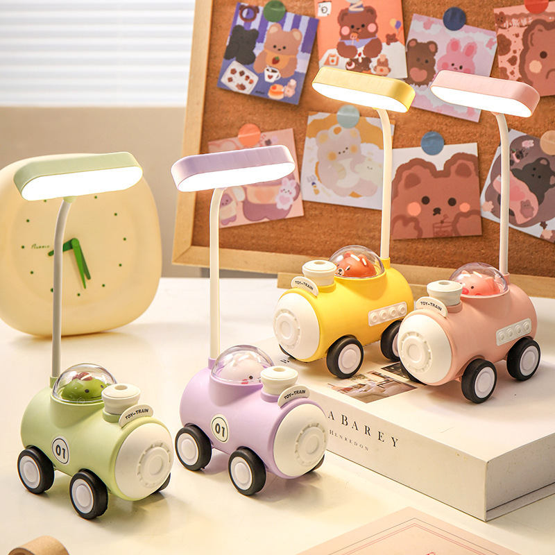 Cross-Border Mini LED Train Table Lamp with Pencil Sharpener Cute Desk Decoration Small Night Lamp Cartoon Stationery Gift