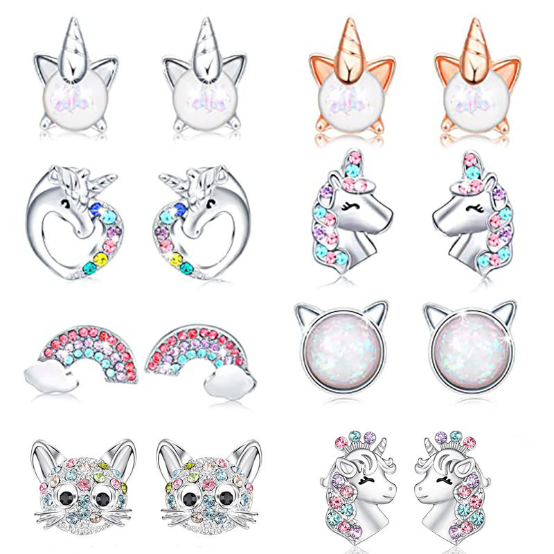 European and American New Unicorn Cat Heart Rainbow Children's Accessories Amazon Wish Earrings Earrings