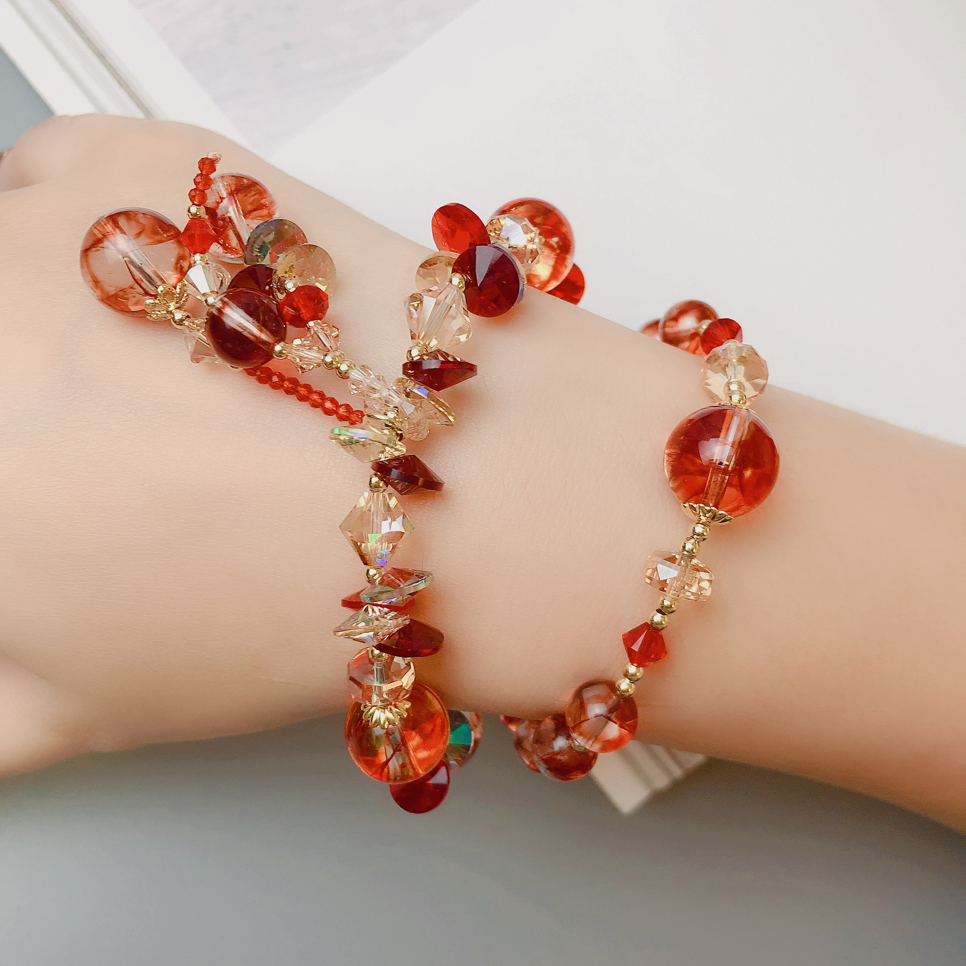 茶晶凤羽幽灵金发晶手链两圈奥地利水晶手串手工串珠饰品配饰首饰