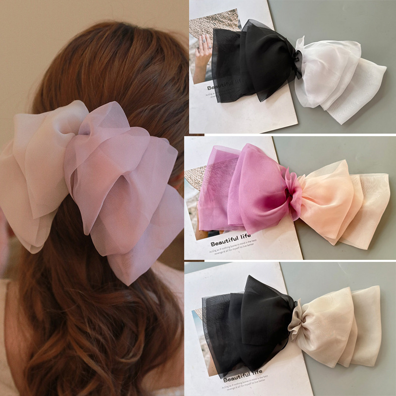 春夏新款拼色蝴蝶结顶夹发饰云朵超仙雪纺纱发夹弹簧夹后脑勺头饰