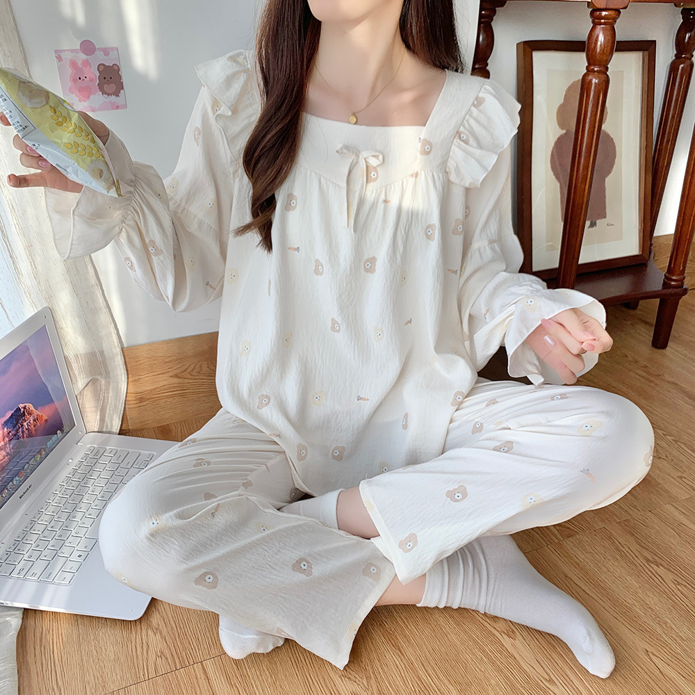 甜美云朵棉纱布睡衣女春秋长袖长裤套装方领休闲柔软家居服可外穿