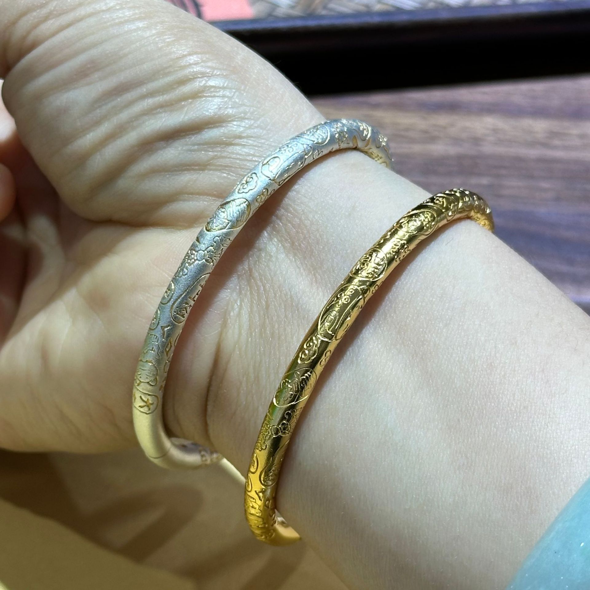 乾龙足银9999银鎏金手镯古法吉言纯银镯子民族风开口描金手镯女