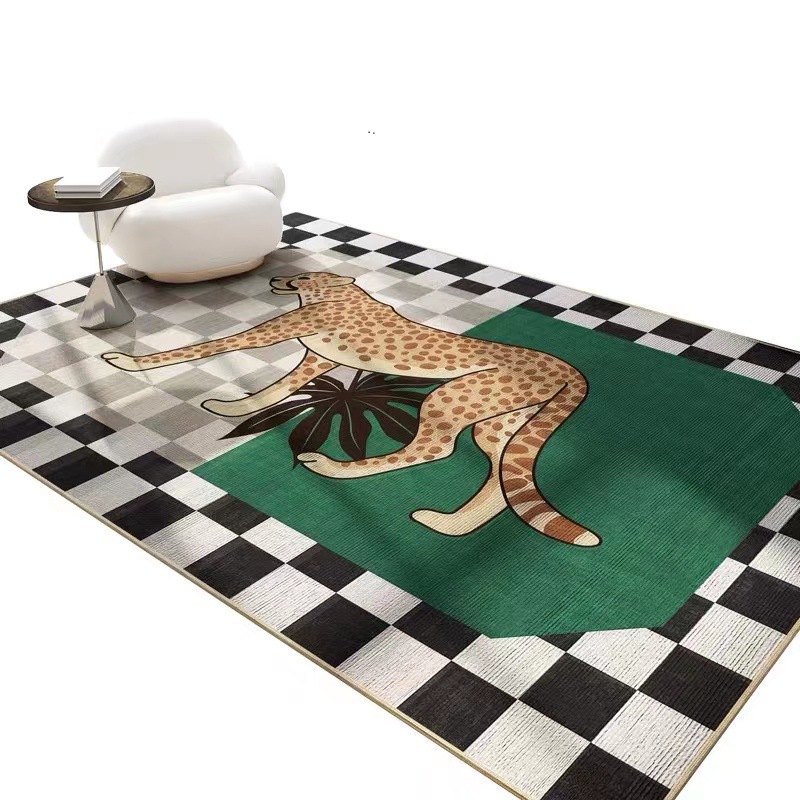 Cross-Border French Retro Living Room Carpet Dark Green Middle and Ancient Chess Board Grid Floor Mat High Sense Ins Style Bedroom Bedside