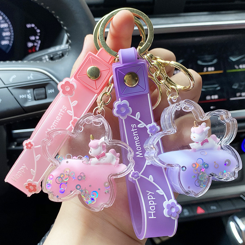 Cherry Blossom Oil Unicorn Keychain Liquid Quicksand Floating Key Chain Ring Net Red Cute Exquisite Pendant Wholesale