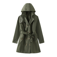 新款时尚雨衣女外贸纯色连帽防雨外套双排扣长款风衣修身腰带雨衣