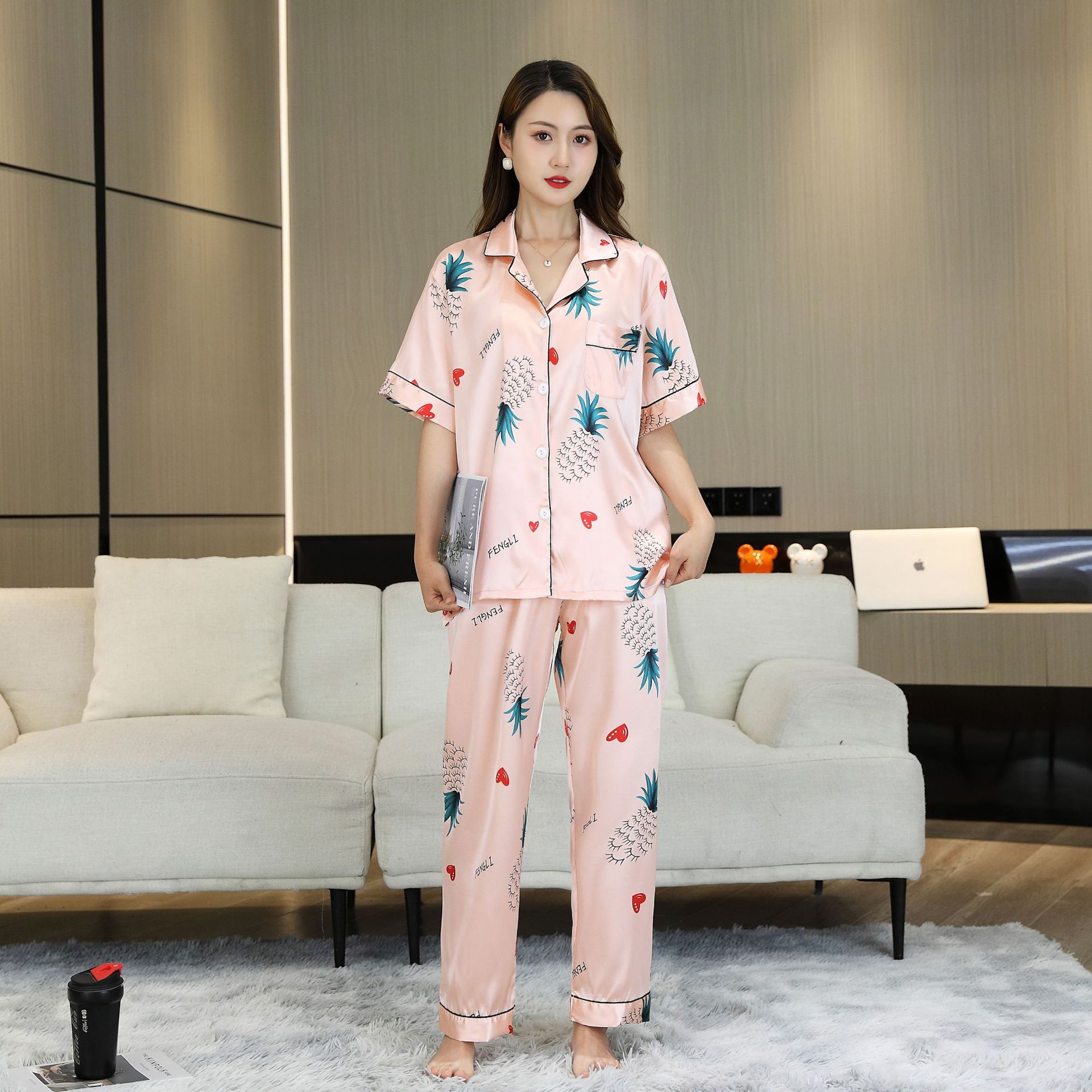 2023 New Pajamas Women's Summer Thin Ice Silk High-Grade Short-Sleeved Trousers Shell High-Grade Home Wear