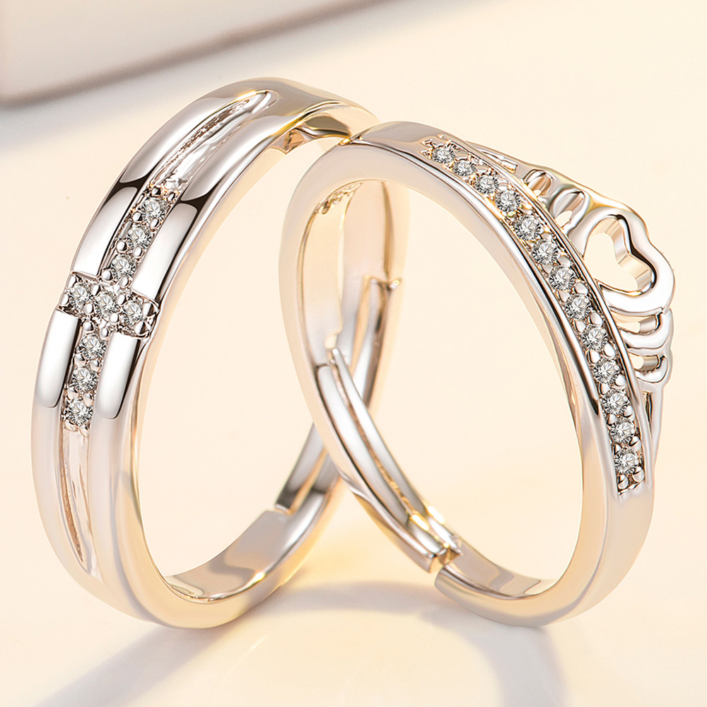 抖音快手跨境 皇冠爱心十字架镶钻男女款对戒 求婚镀白金情侣饰品