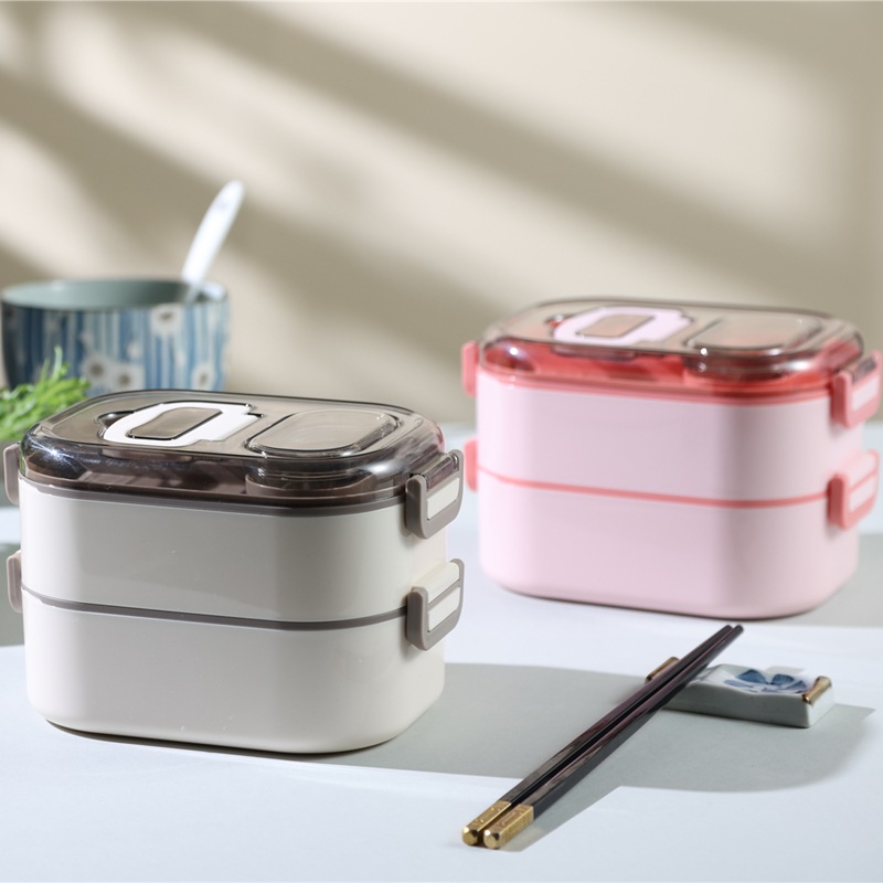 Japanese-Style Office Lunch Box Double-Layer Lunch Box Stainless Steel Heated Lunch Box Set Student Tableware Microwave Oven for School