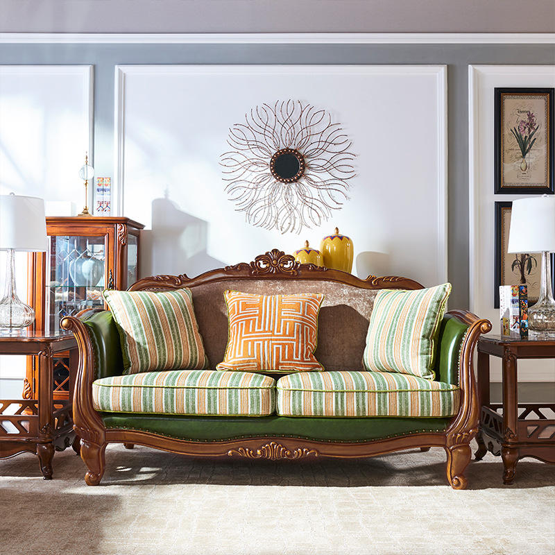 美式布艺实木沙发组合客厅欧式皮布艺沙发小户型简约雕花复古沙发