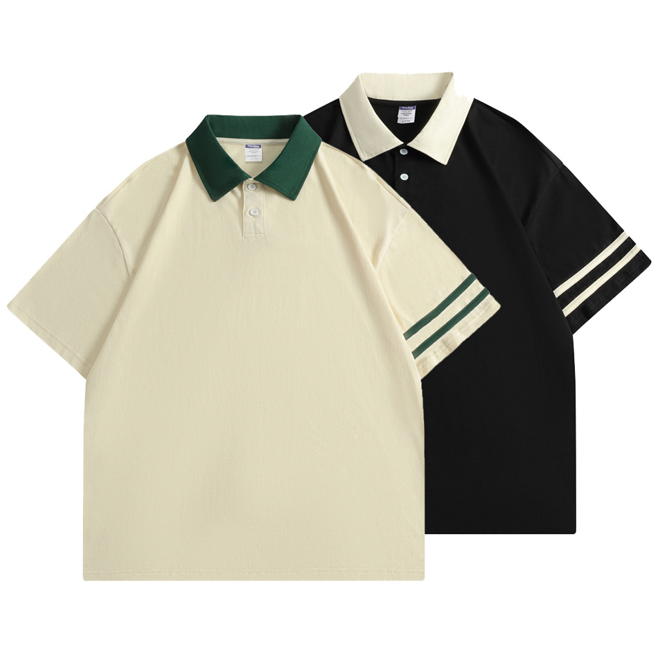 200克纯棉落肩拼色翻领polo衫短袖双杠t恤 学生毕业班服印图logo