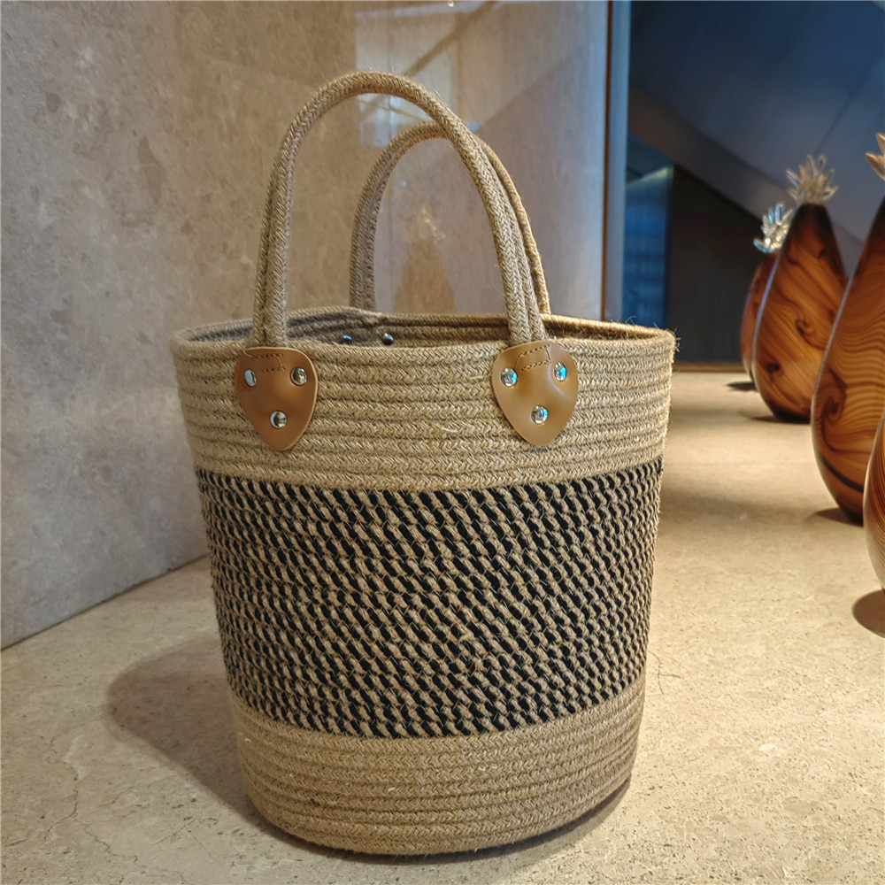 亚马逊手工编织棉绳收纳篮皮把手麻绳筐编织篮花盆套手提储物筐
