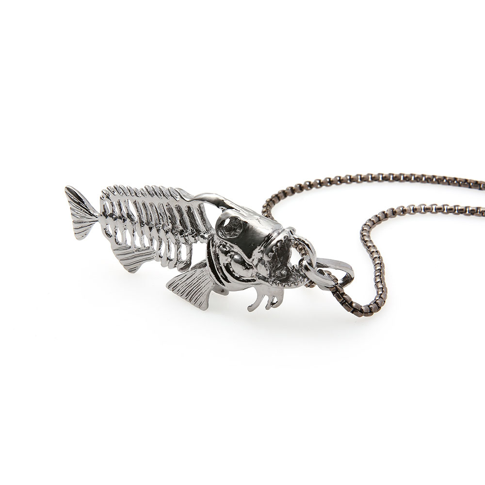 欧美简约时尚潮流立体鱼合金项链 男士饰品复古合金鱼骨吊坠饰品