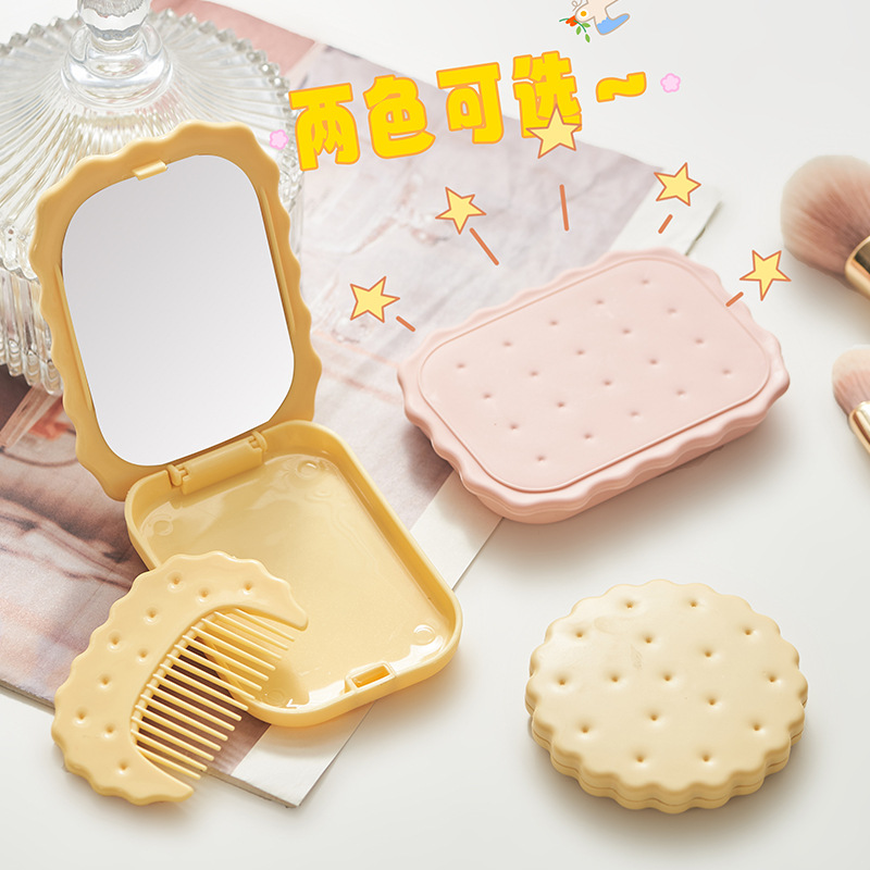 Creative Mini Biscuit Shape Makeup Mirror Cute Princess Portable Portable Dressing Mirror Folding round Mirror Set