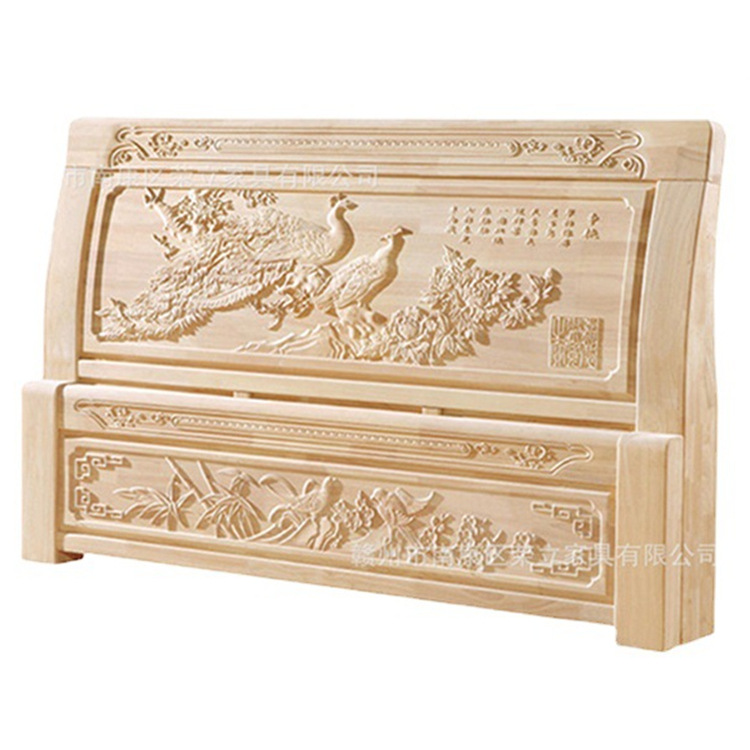 中式仿古典雕花1.8m白胚双人床卧室实木床婚床橡胶木白茬床头床尾