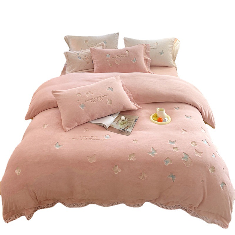 High-End Winter Milk Fiber Four-Piece Thickened Double-Sided with Velvet Flannel Bedding Bed Sheet Coral Fleece Duvet Cover Warm