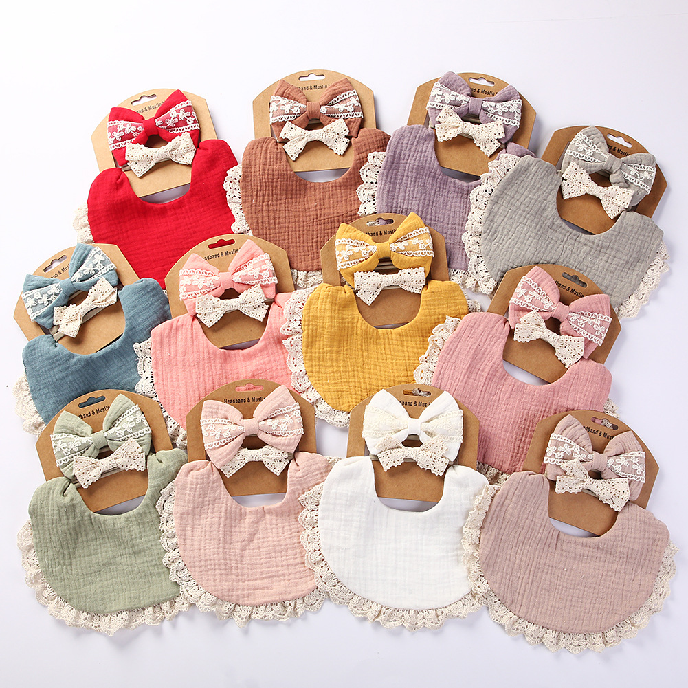 Baby Bib Lace Headband Set Pure Cotton Crepe Solid Color Double-Sided Waterproof Bib Baby Anti-Spitting Bib