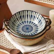 批发墨色新款日式双耳汤碗家用陶瓷防烫拉面碗餐具汤面条碗大