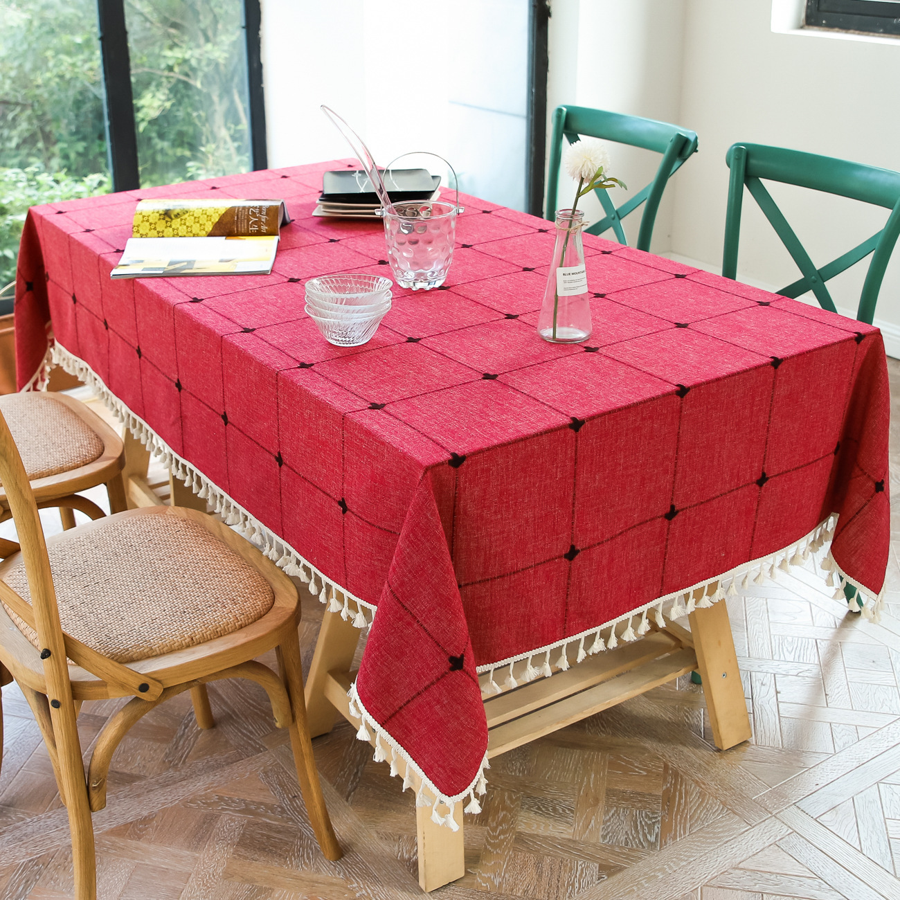 Nordic Ins Cotton Linen Solid Color Square Plaid Dustproof Tablecloth Rectangular Tassel Coffee Table Hotel Tablecloth Table Mat