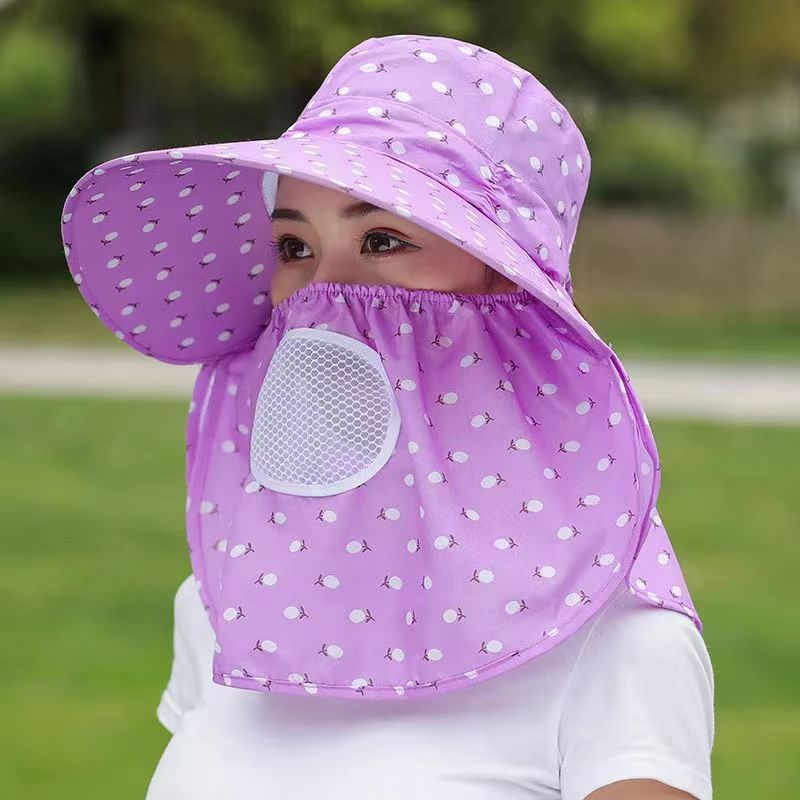 Summer Sun Hat Women's Sun-Proof Face Cover Shawl Hat Riding Face Care Broad-Brimmed Hat Mask Tea Picking Hat Small Cherry Foldable