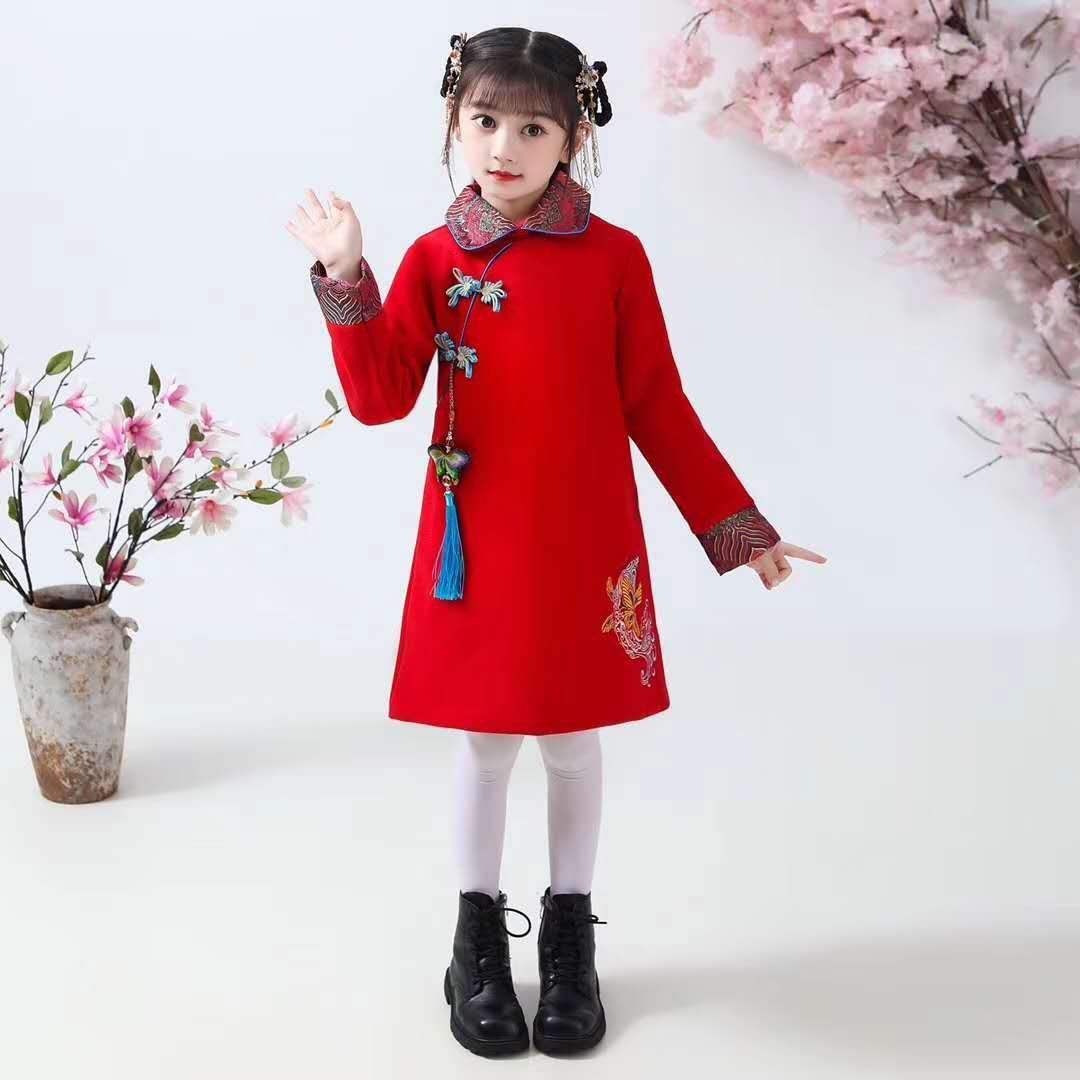 女童唐装冬款旗袍加棉加厚汉服小女孩拜年服装复古宝宝仙气古风裙