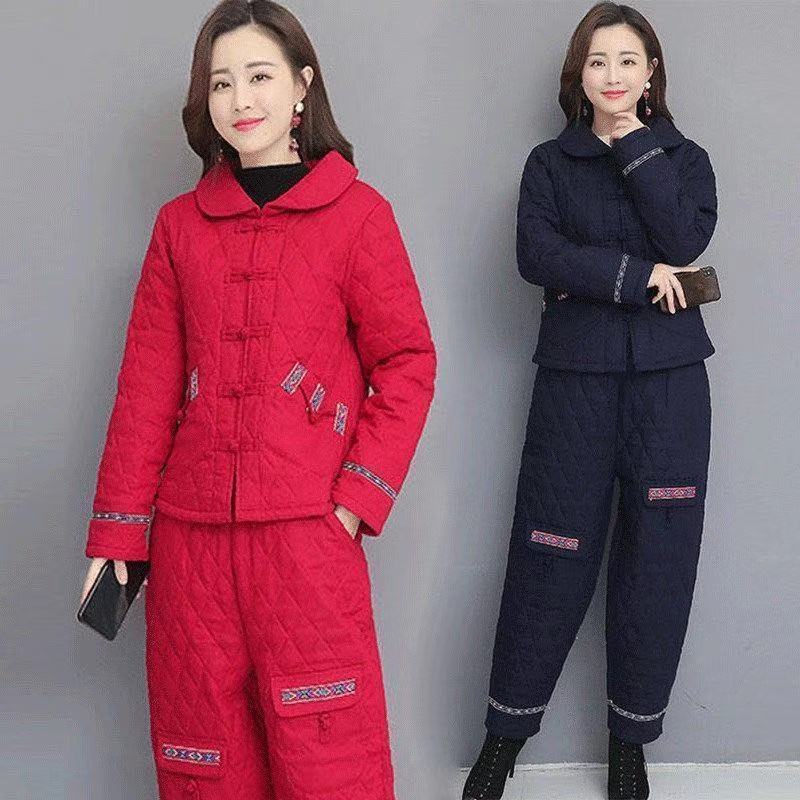 民族风棉袄棉裤套装女2020秋冬装加厚阔腿裤两件套妈妈装棉衣棉服