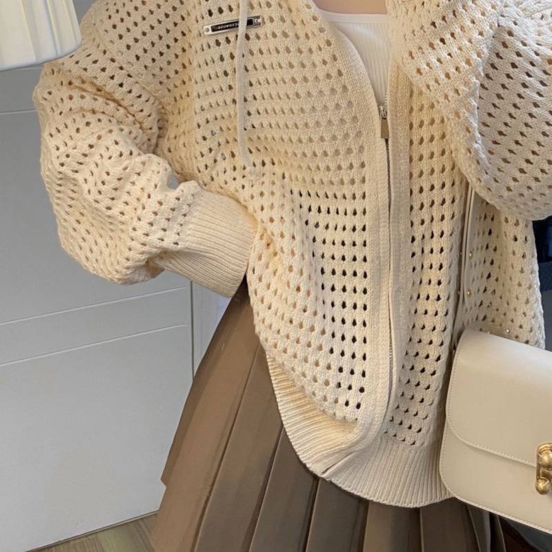 日系复古镂空毛衣女温柔软糯慵懒风bf宽松外穿开衫拉链针织衫外套