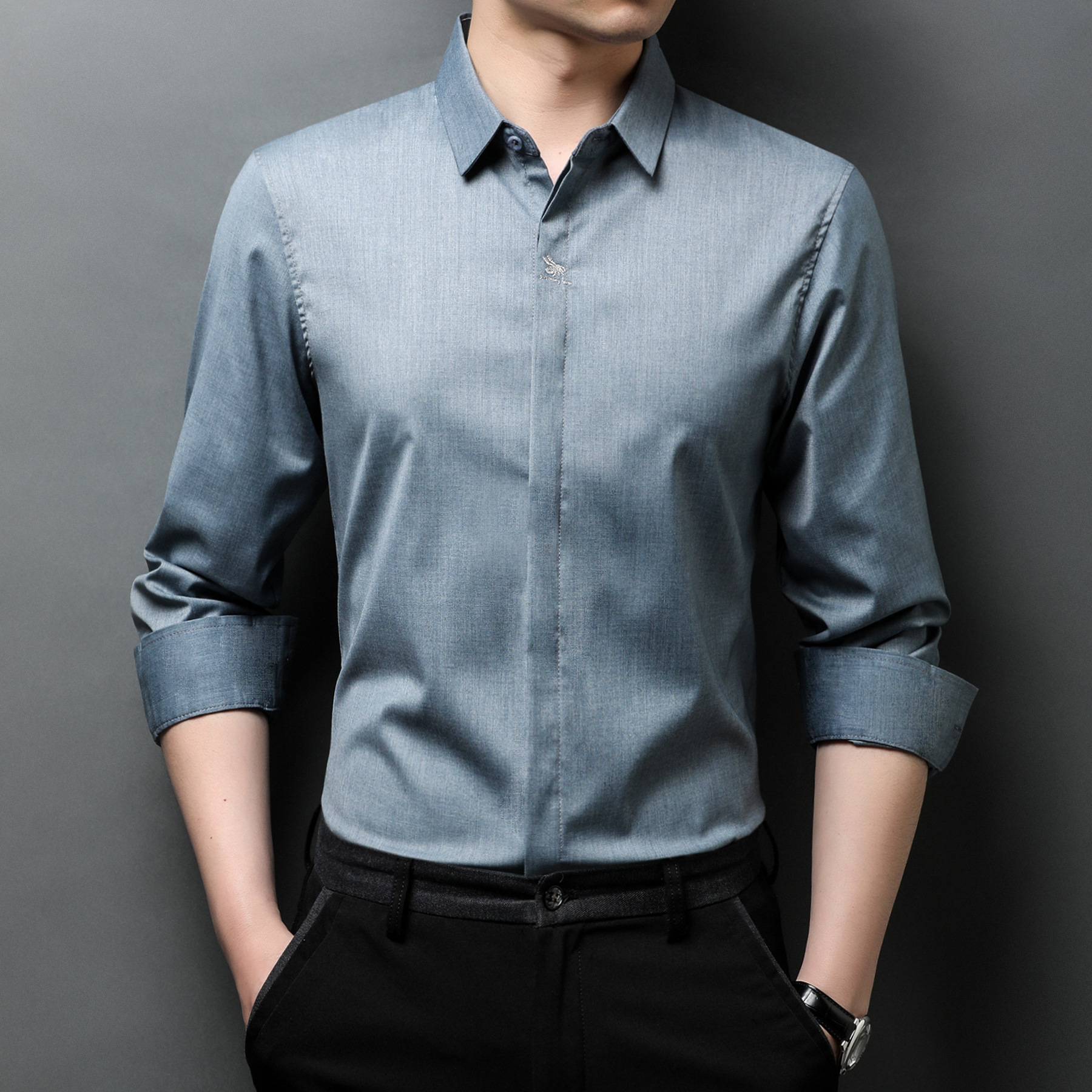 2021秋季新款男士长袖纯色衬衫暗门襟翻领衬衣中年爸爸装寸衫102