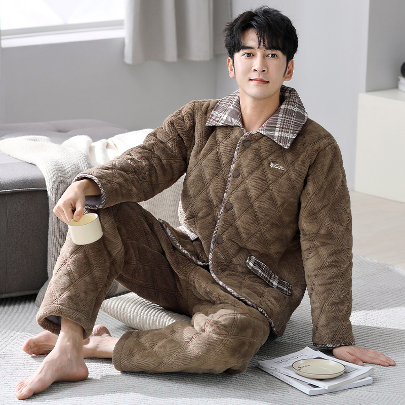 冬季珊瑚绒睡衣男士秋冬款三层夹棉袄法兰绒保暖加厚青少年家居服