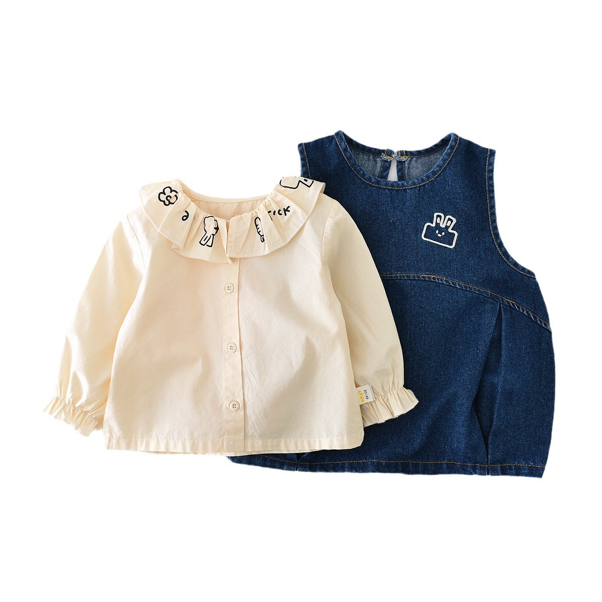 Baby Spring New Suit Girls' Washed Denim Korean Style Dress Baby Lapel Embroidered Outing Shirt Baby Clothes