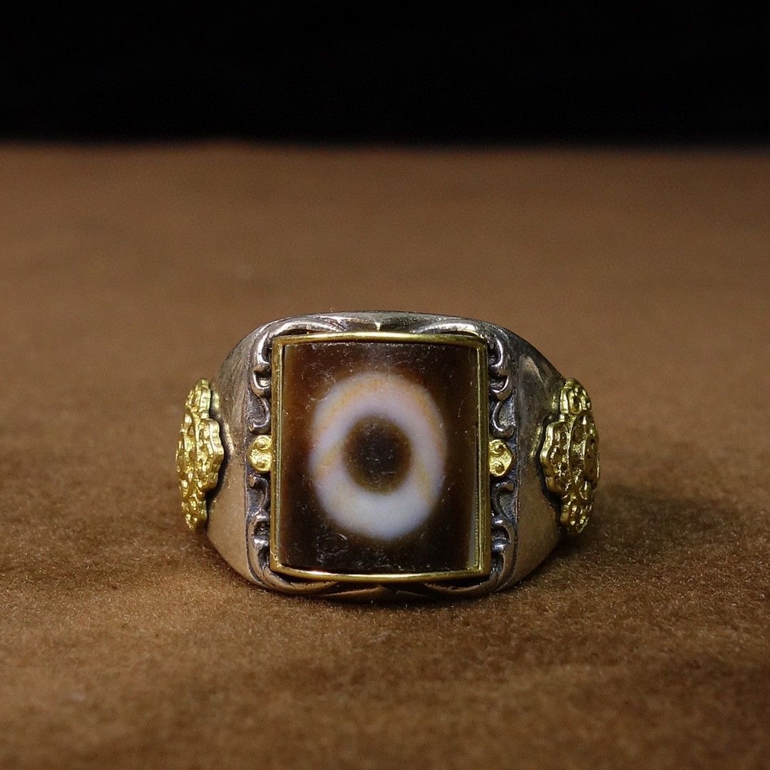 茵熙藏传饰品藏银托鎏金镶嵌天眼珠戒指环民族风手饰可调整吉祥