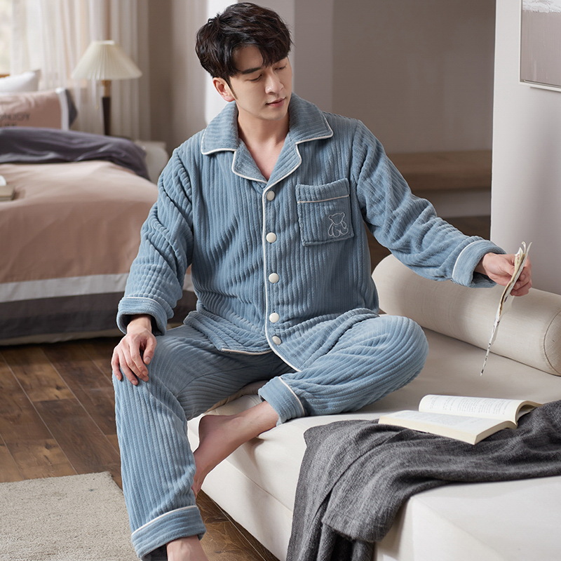 秋冬季新款法兰绒男士睡衣大码加绒加厚珊瑚绒外穿家居服套装批发