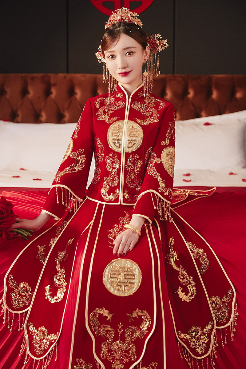 秀禾服新娘2022年新款夏季结婚礼服敬酒服龙凤褂中式婚服绒面