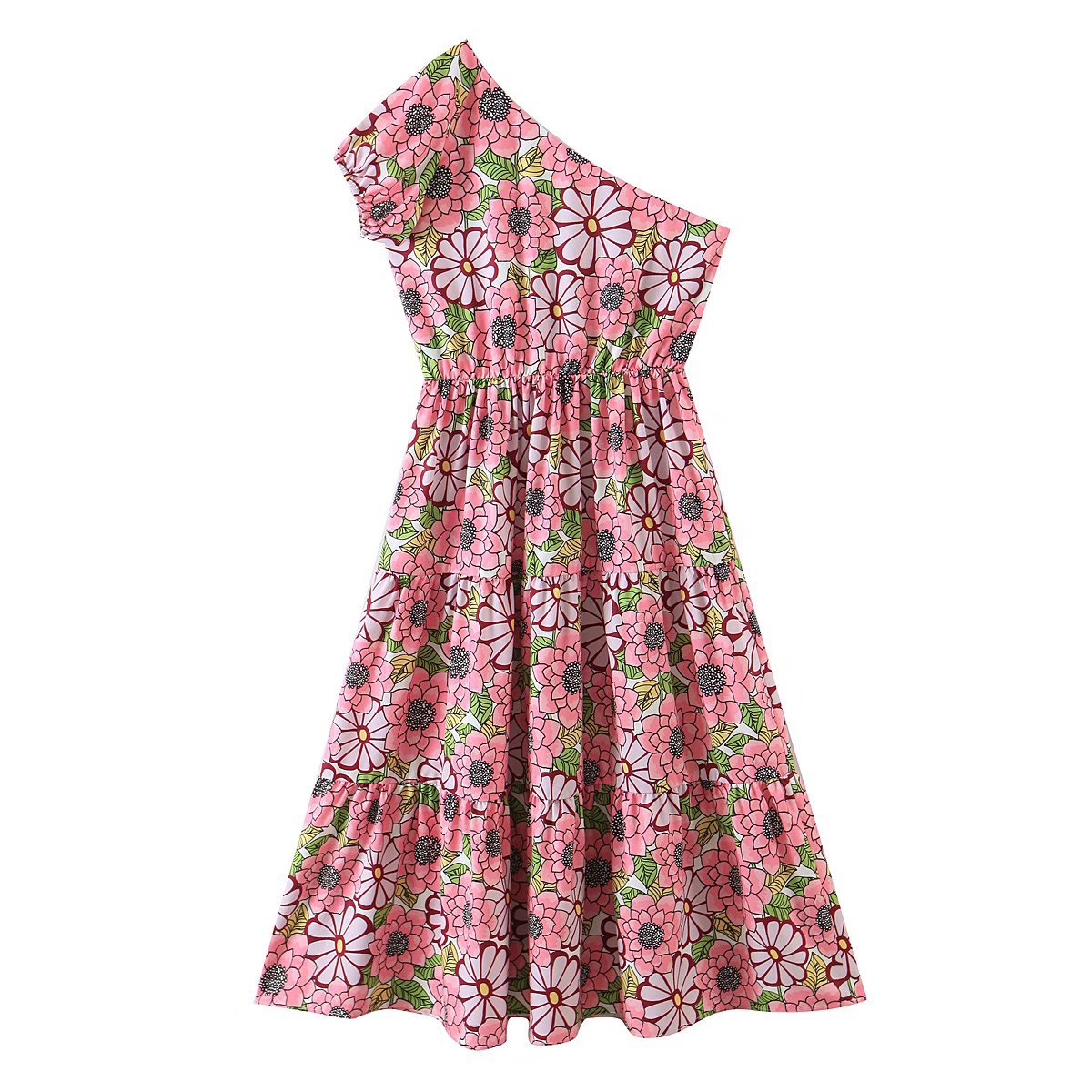 6022春季新款女装斜领单肩短袖收腰中长款花朵印花连衣裙女式