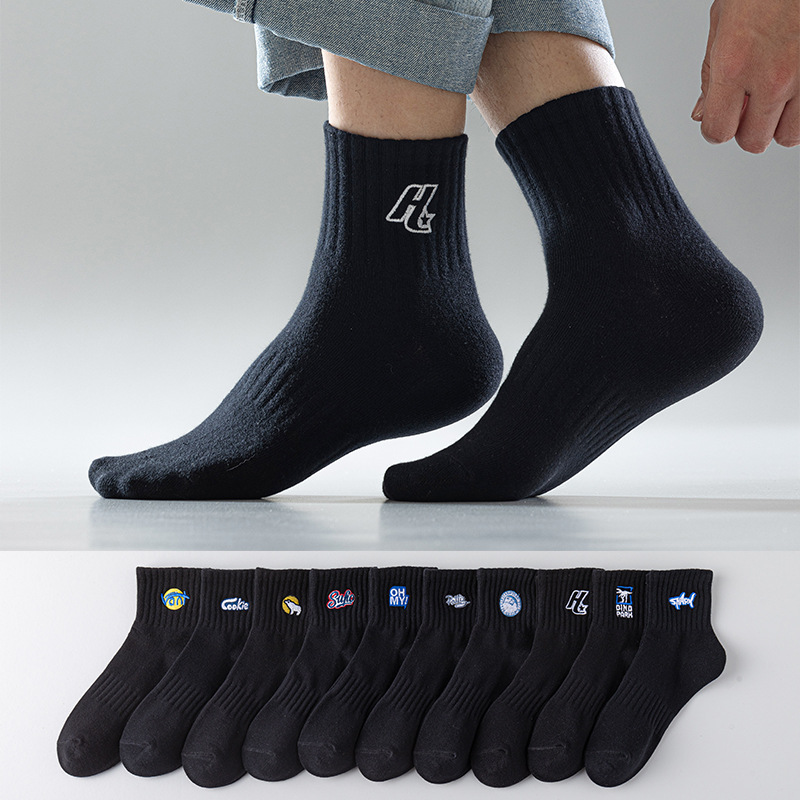 黑色袜子男动物图案刺绣批发ins潮流运动袜日系韩版百搭中筒袜