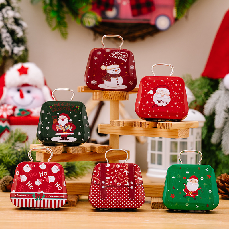 haobei christmas decoration supplies tinplate handbag candy box children‘s gift small tin mini handbag