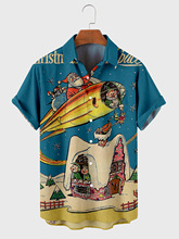 2021跨境 圣诞火箭小雪地短袖衬衫数码印花衬衣 大码口袋上衣衬衫