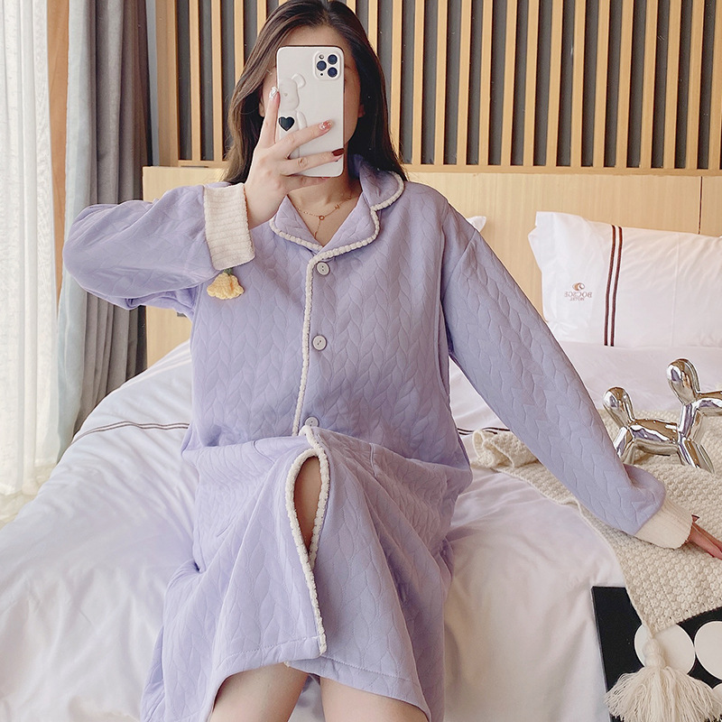 Pregnant Woman Breastfeeding Nightdress with Chest Pad Autumn and Winter Air Cotton Confinement Clothing Spring and Autumn Postpartum Maternity Waiting for Delivery Nursing Dress