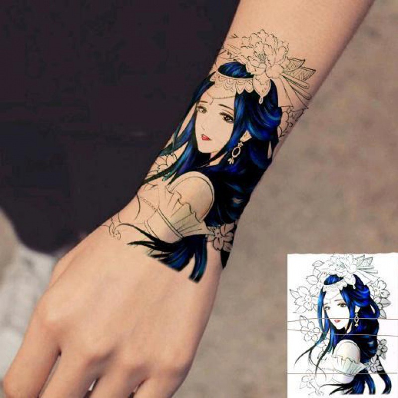 蓝色美女艺妓貂蝉手臂性感个性刺青 花旦胳膊纹身贴纸 半臂纹身贴