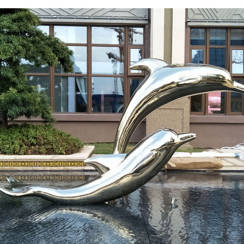 售楼处水景景观不锈钢海豚雕塑酒店门庭水池动物景观小品金属雕塑