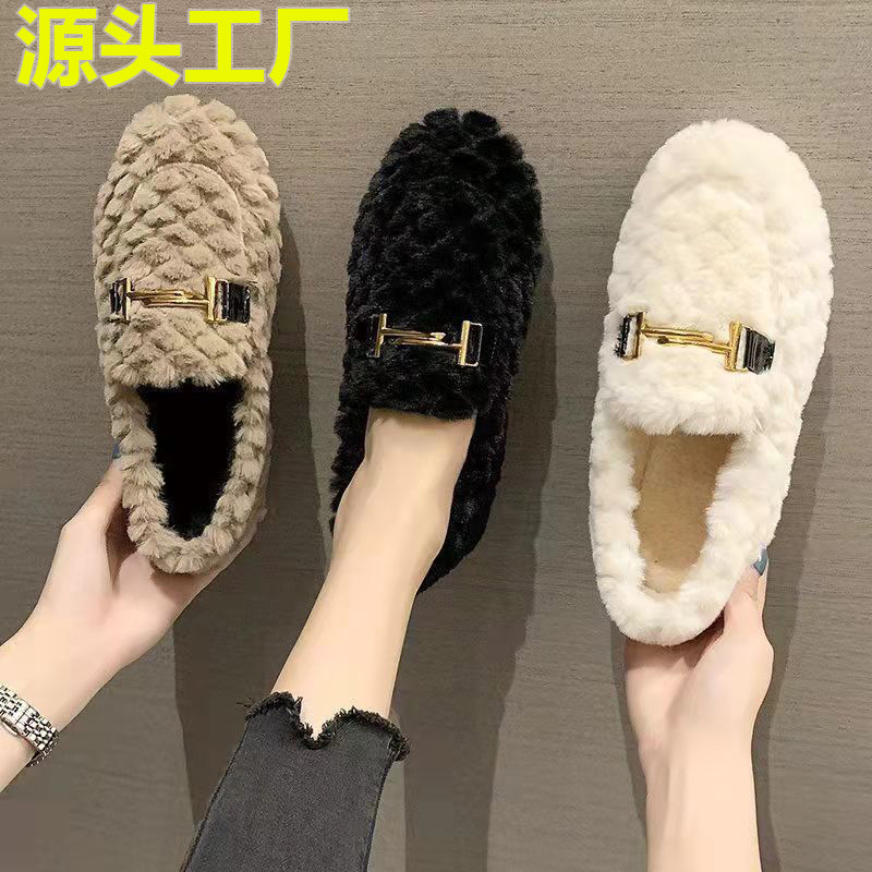 2023 Korean Style Loafers Women's Autumn and Winter Fleece-lined Warm Slugged Bottom Cotton-Padded Shoes Women's Casual All-Matching Slip-on Fluffy Shoes