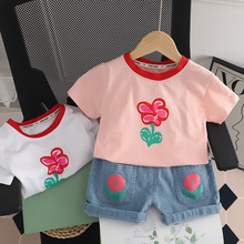 女童花朵圆领短袖套装2023夏季新款女宝宝幼儿牛仔短裤两件套韩版