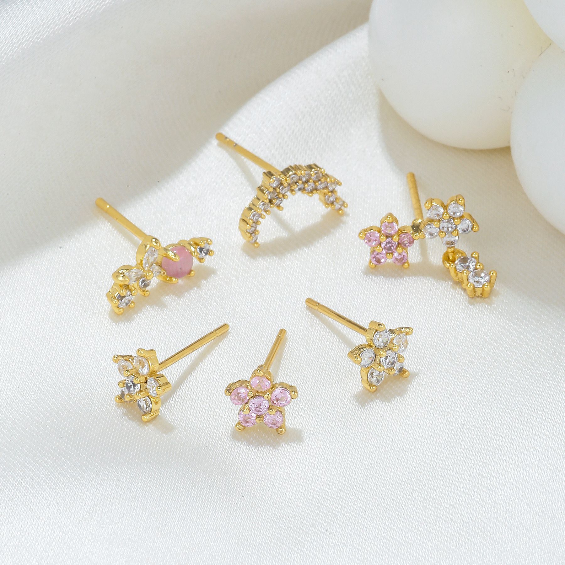 Sweet Mori Suit Stud Earrings Female Cross-Border Hot Selling Flower Silver Needle Six-Piece Set Earrings Fashion Fine Zircon-Embedded Earrings