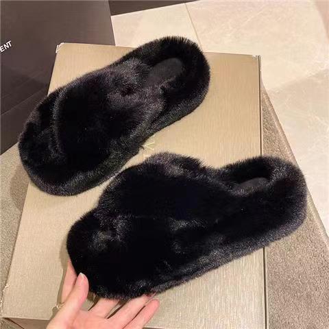 Ins High Sense Fluffy Slippers Women's Outer Wear 2023 New Autumn and Winter Internet Hot Korean Style Fashion Home Cross Shoes